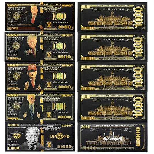 10pcs/lot 2024 US Donald Trump President's 10000 Dollar Gold Foil Banknote Black Plastic Card Crafts Collection Holiday Gift